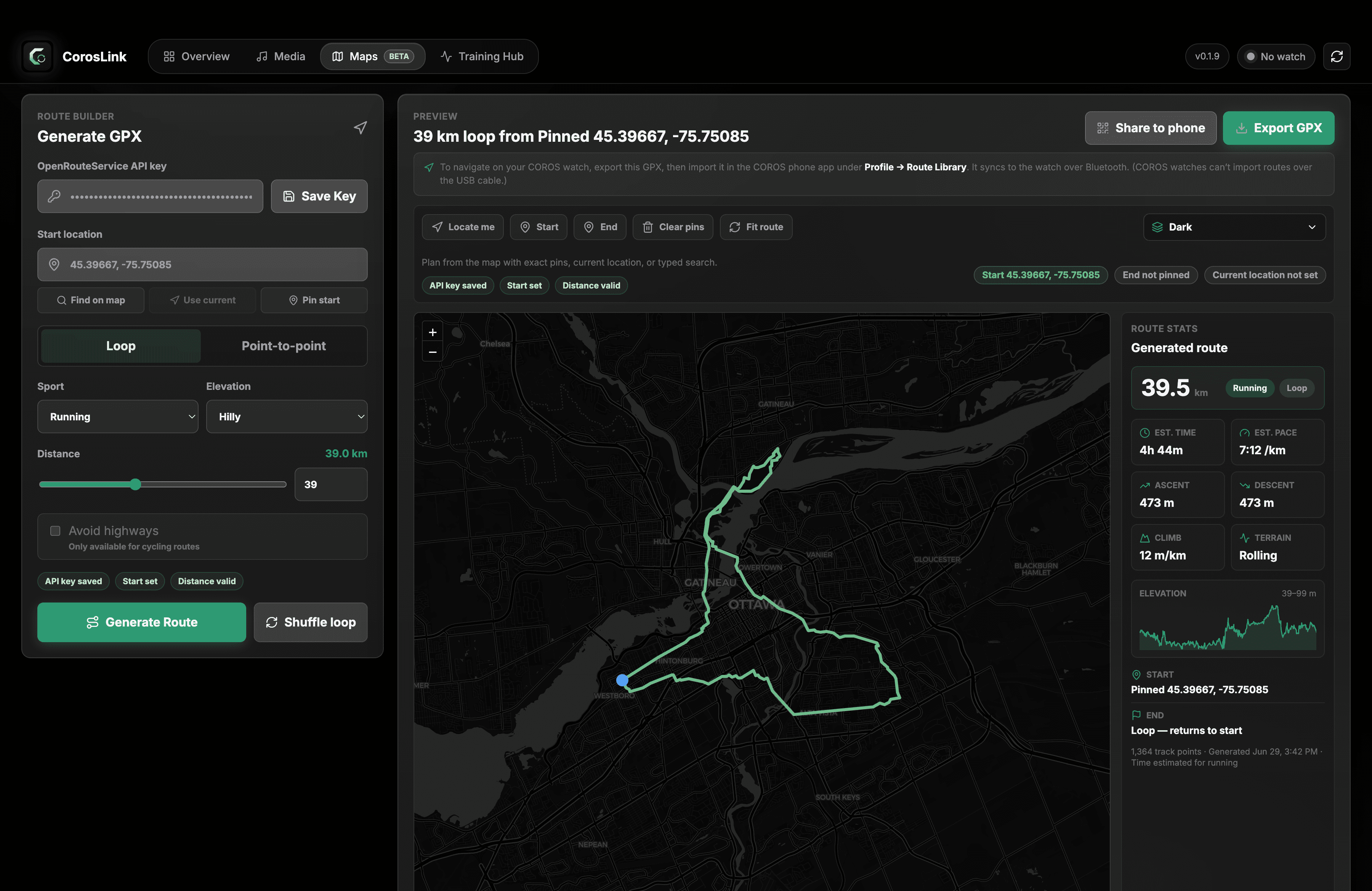 CorosLink route builder generating a GPX route