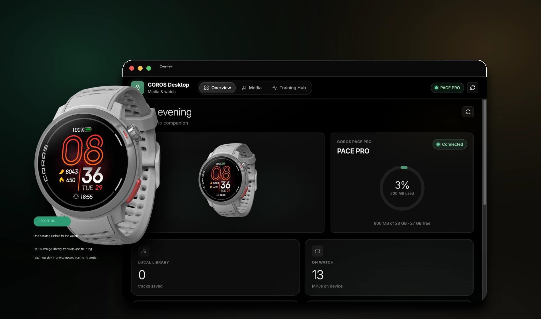 CorosLink command center with Pace Pro device status and overview dashboard